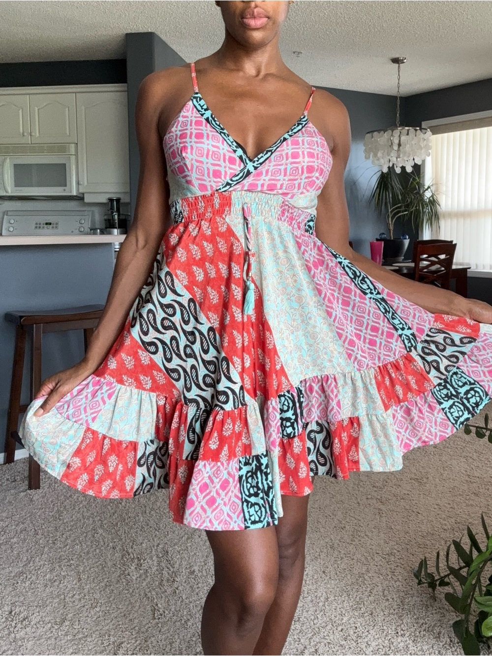Patchwork Mini Sundress with Adjustable Straps - Pink & Red